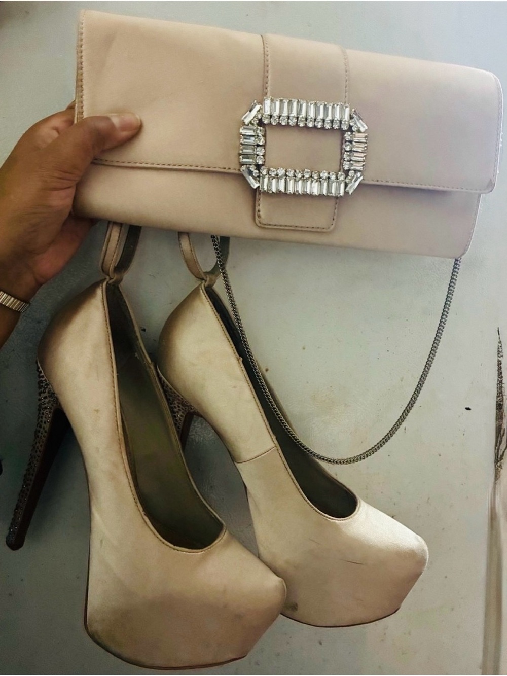 H by Halston Ivory Platform Pumps with Crystal-Embossed Heel